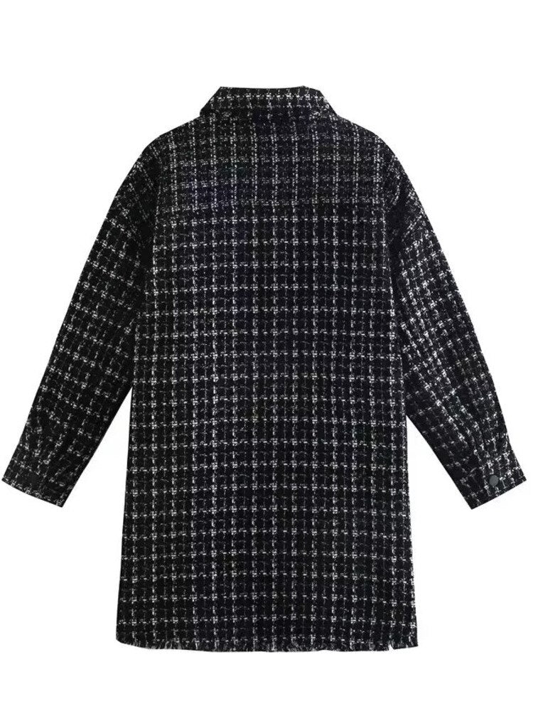 Winter Women Stripe Plaid Tweed Coat Women Single Breasted Long Sleeve Straight Vintage Jacket