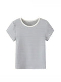 Retro Slim Striped Tees Summer Ladies Casual Female Knitted Short Sleeves Top