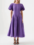 Purple Slim Long Dress For Women Round Neck Puff Sleeve High Waist Patchwork Pleasted A Line Dresses Female Spring Clothing