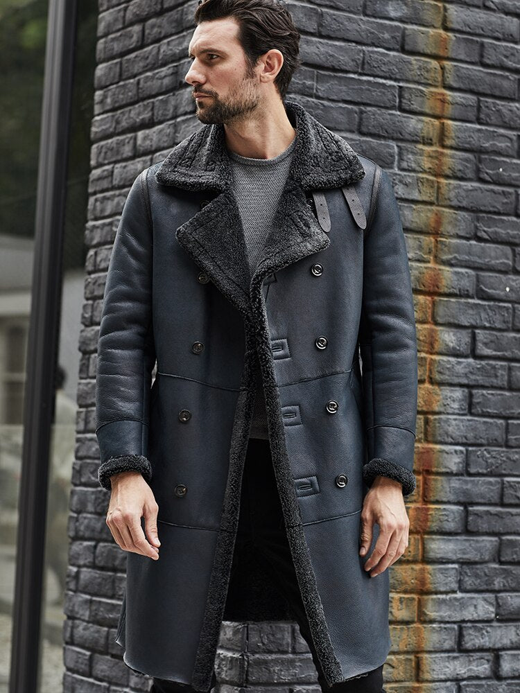 Mens Dark Blue Long Shearling Coat Lapel Double Breasted Thickened Winter Genuine Leather Jacket Real Overcoat