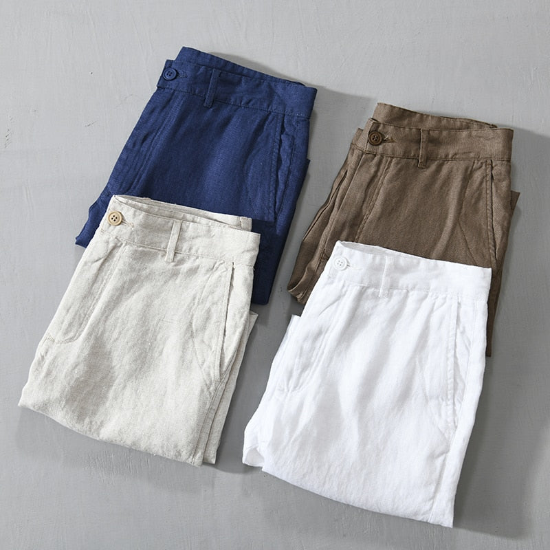 Pure Linen Shorts for Men Summer Solid White Loose Holiday Shorts Man Casual Button Fly Short Pants