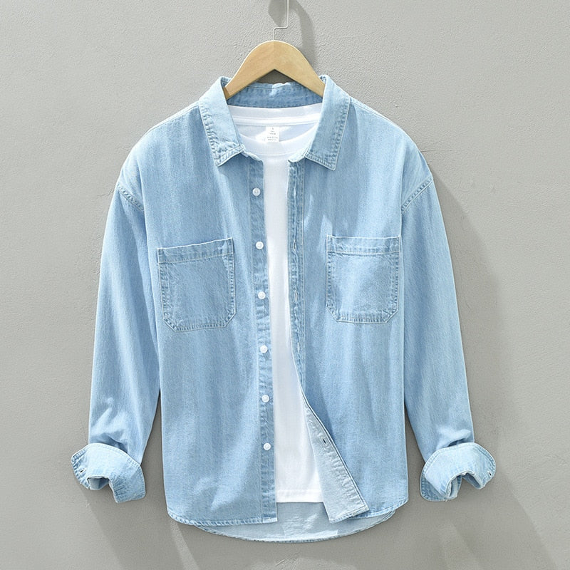 Spring Autumn Men Denim Shirt Long Sleeve Soft 100% Cotton Two Pockets Slim Slight Elastic Jean Tops Cowboy Button Shirt