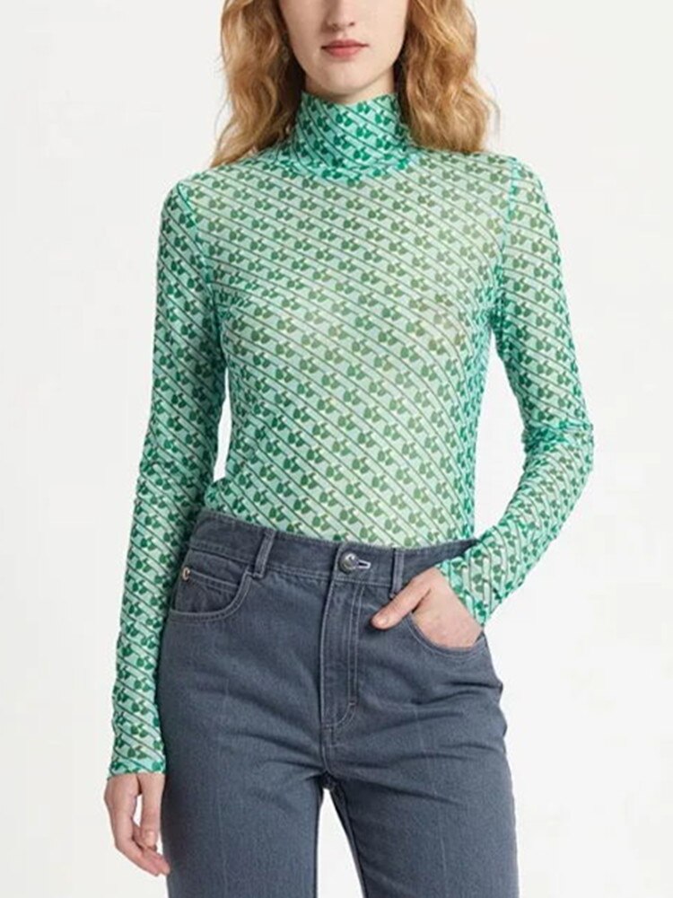 Women Green Turtleneck Slim T-Shirt Casual Summer New Ladies Long Sleeve Bottoming Tops