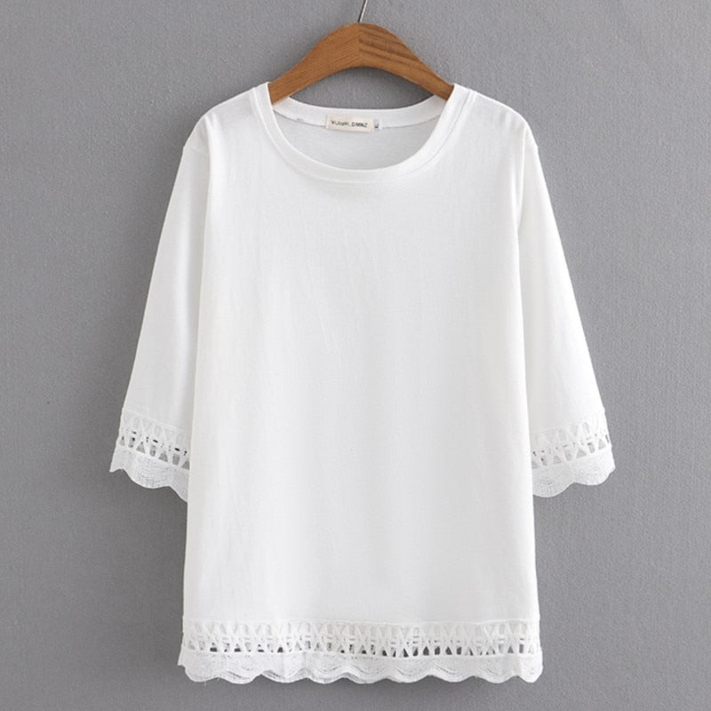 Women Spring O-Neck Tees Sweet Lace 3/4 Sleeve Bottoming Tops Oversized Curve Clothes