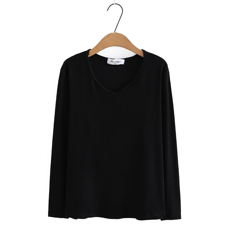 Long Sleeve T-shirt Women Clothing Solid Color V-Neck Bottoming Tops Autumn Loose Casual Basics Tees