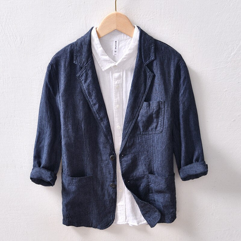 Mens Breathable Linen Coat Business Casual Thin Suits Premium Quality Multi-Pocket Simple Basic White Tops