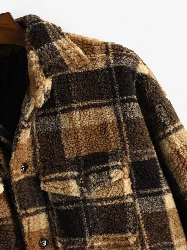 Jacket for Men Plaid Fluffy Fleece Shirt Jacket with Pocket Button-up Faux Fur Sherpa Fall Winter Streetwear Topcoats