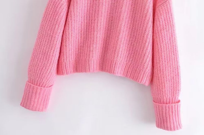 Pink O-neck Loose Knitwear Casual Sweaters Women