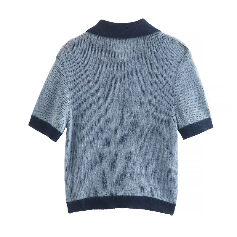 Retro Single Breasted Knitted Contrast Knitwear Women Tops