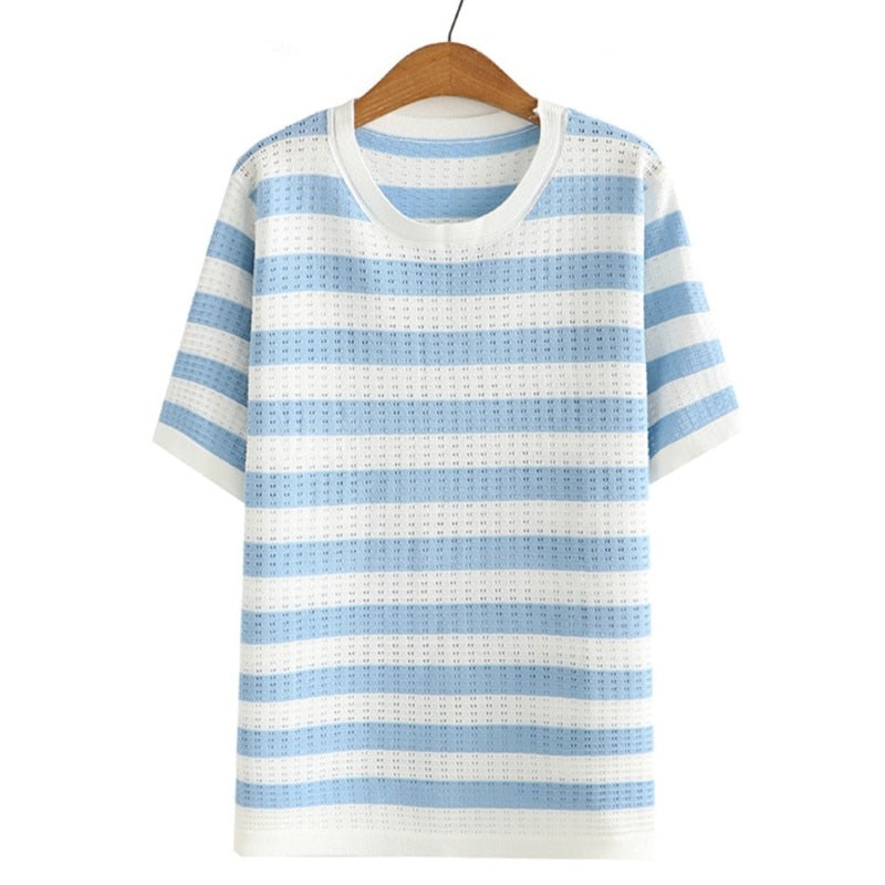 Tee For Women Clothing Hollow Out Tops Sweet Stripe Short Sleeve Thin Ice Silk Knitting Tee