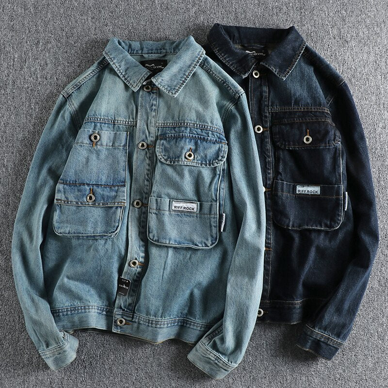 Denim jacket mens spring and autumn work clothes three-dimensional pocket youth cardigan coat