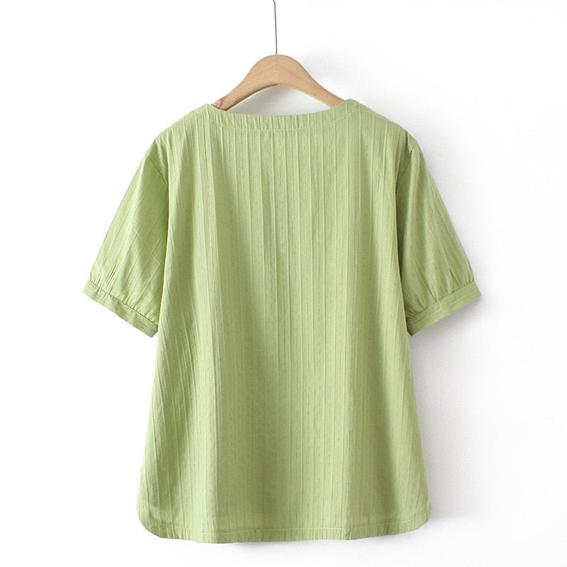 Women Clothing Cotton Jacquard Embroidery Button Tops Loose And Casual Curve Tee Summer