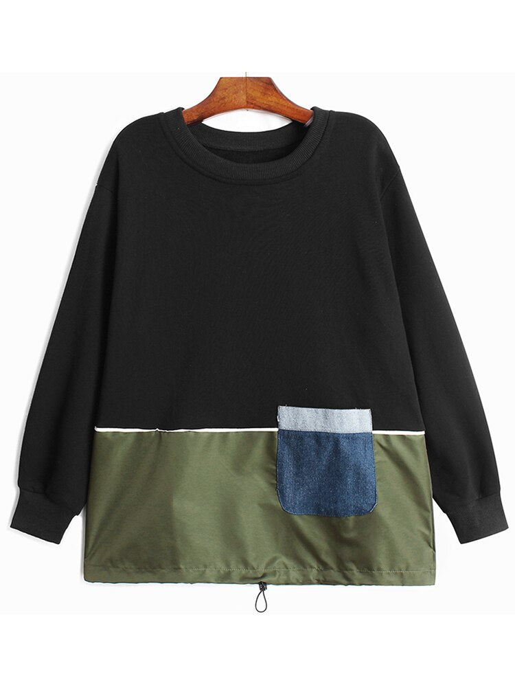 Women Army Green Pocket Casual T-shirt Round Neck Long Sleeve Tide Spring Autumn