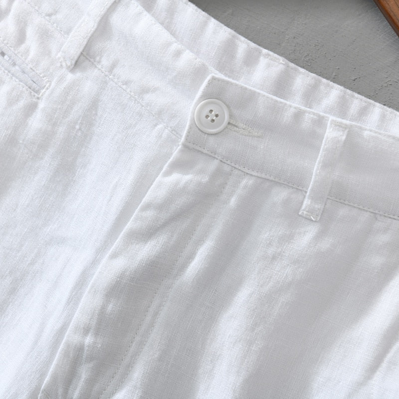 Pure Linen Shorts for Men Summer Solid White Loose Holiday Shorts Man Casual Button Fly Short Pants