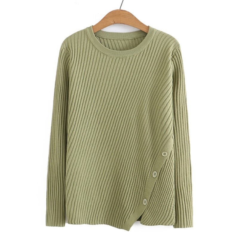 Sweaters Women Autumn Winter O-Neck Slim Jumpers Oblique Button Irregular Split Knitted Pullovers