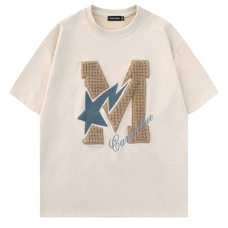 Mens Embroidery Letter Star Tshirt Casual Loose Tee Shirts Summer Hip Hop Top Couple