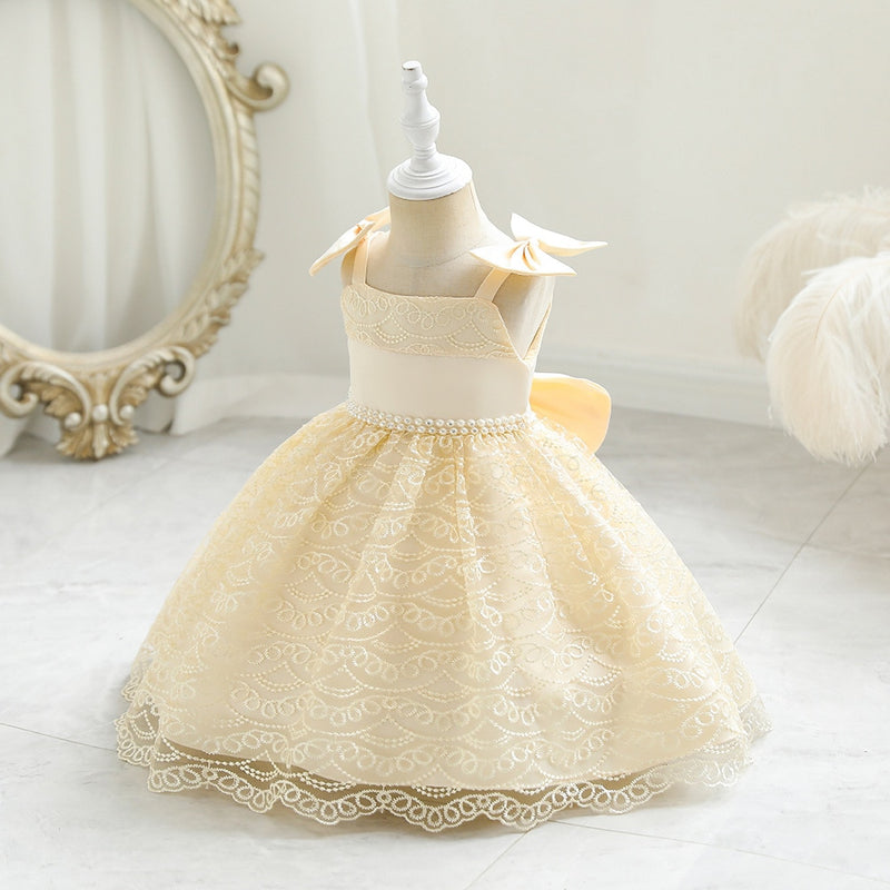 Flower Girl Dress for Weddings Party Kids Sleeveless Beading Ball Gowns with Big Bow Children Girls Elegant Cute Formal Costumes