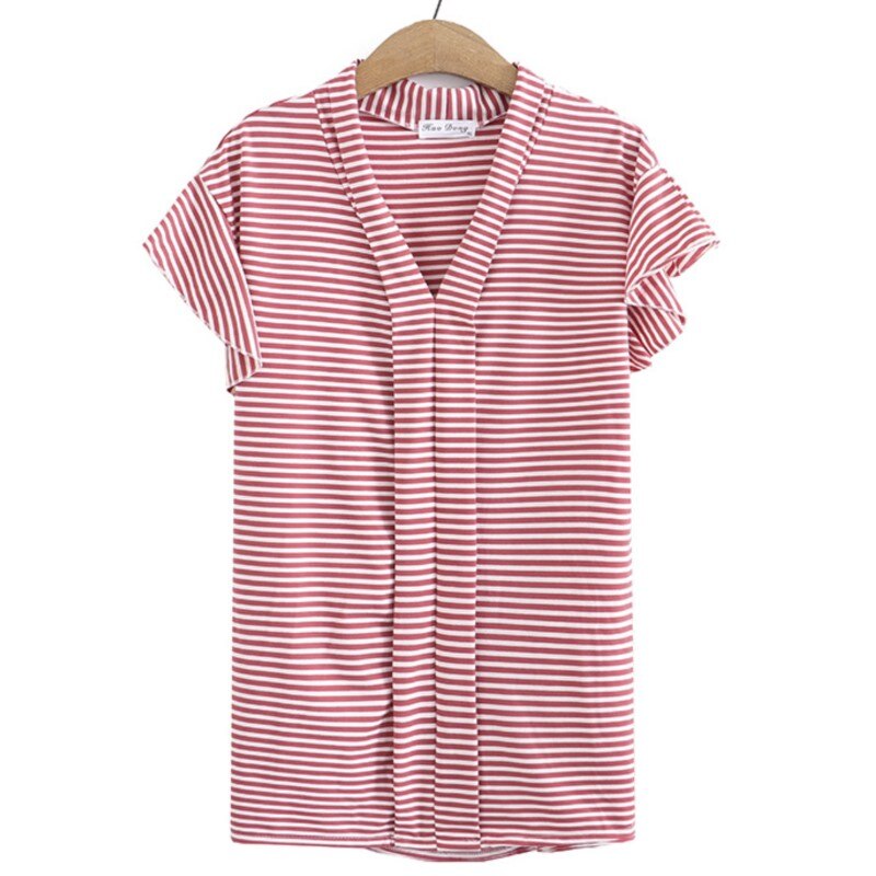 Women Spring Striped V-Neck Tees Butterfly Sleeves Bottoming Tops Oversized Curve Clothes