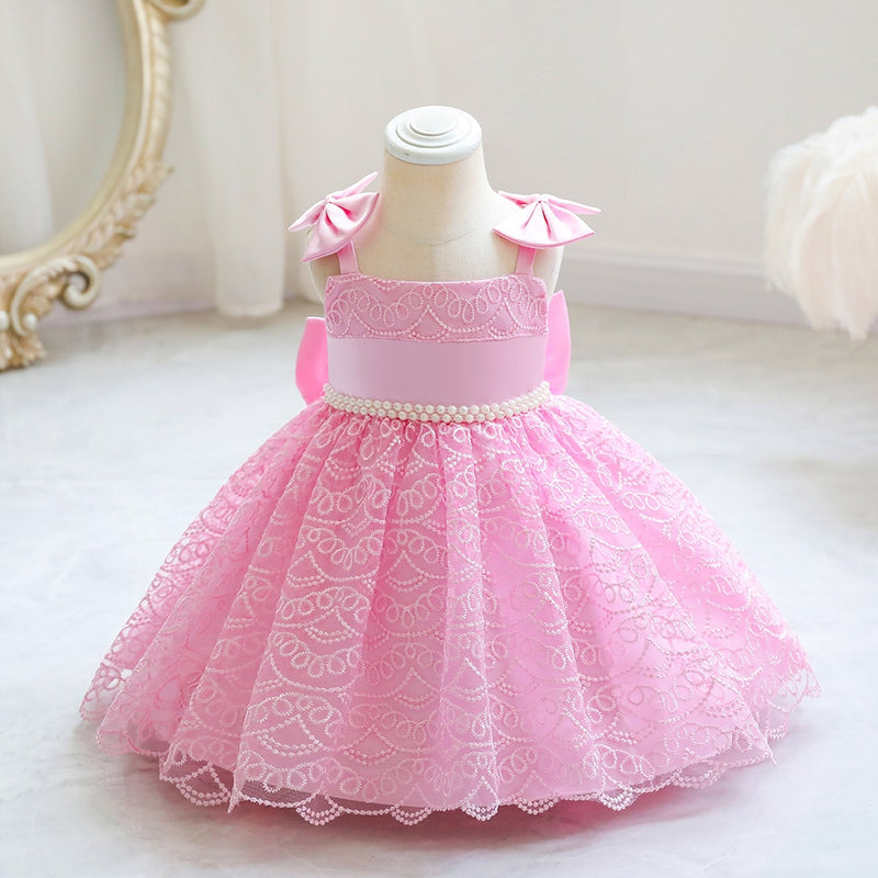 Flower Girl Dress for Weddings Party Kids Sleeveless Beading Ball Gowns with Big Bow Children Girls Elegant Cute Formal Costumes