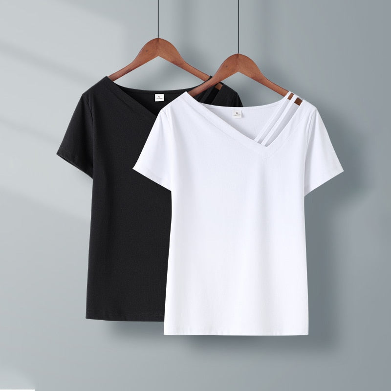 Women Sweetshirts Short sleeve womens clothing Black white T-shirts for Girls Skew Collar Summer Clothes Design Woman clothes