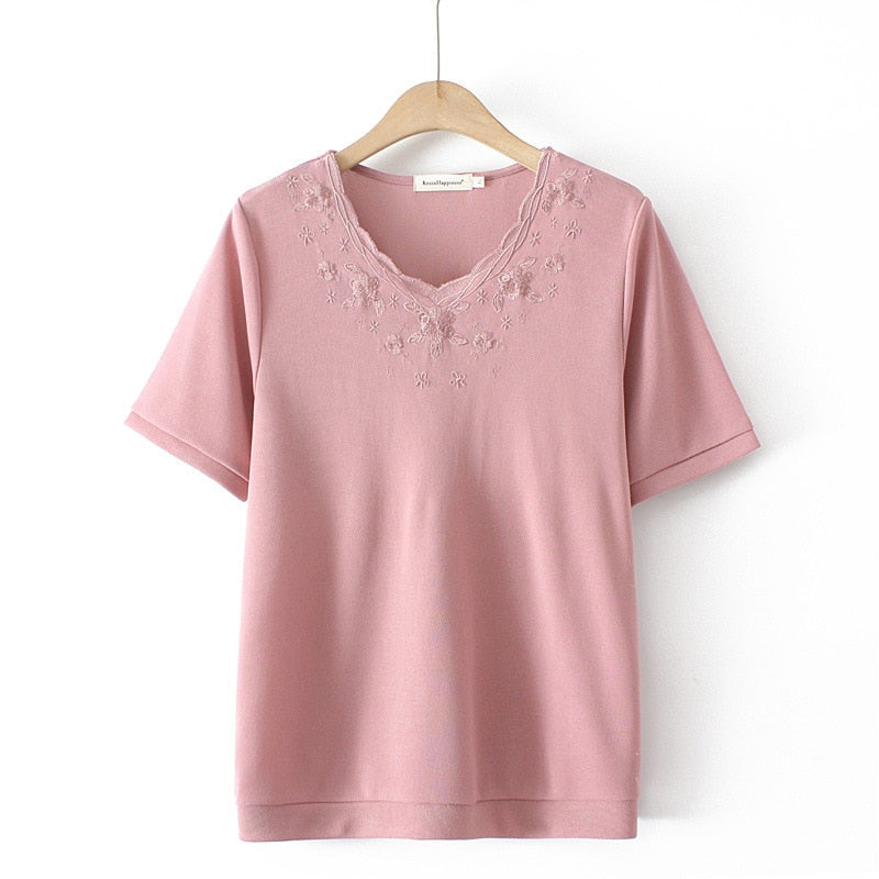 Women Clothing Fashion Embroidered Ice Silk Knitting Tops Loose And Casual Curve Tees Summer