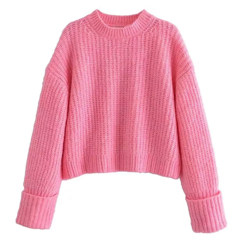 Pink O-neck Loose Knitwear Casual Sweaters Women