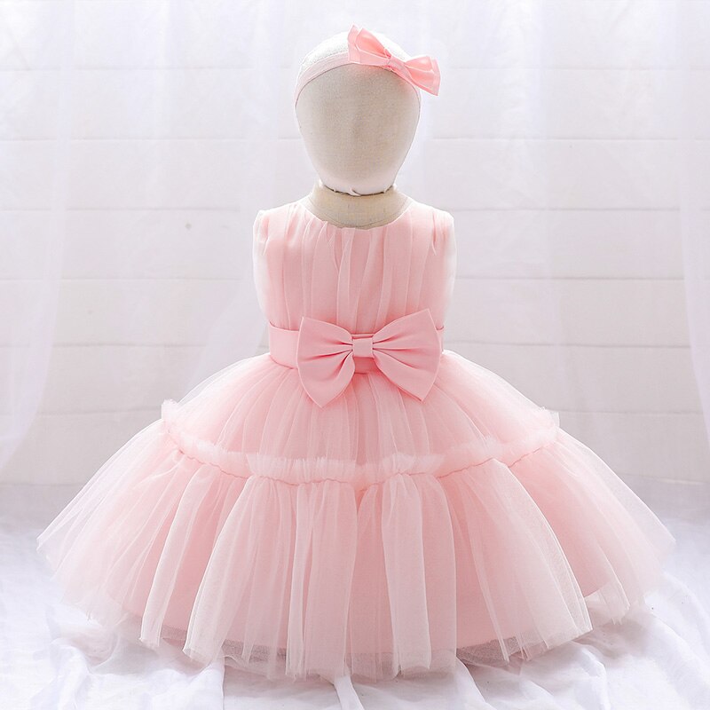 Wedding Party Baptism Prom Kids Clothes Pink White Toddler Lace Bow Dress Baby Girls Christening