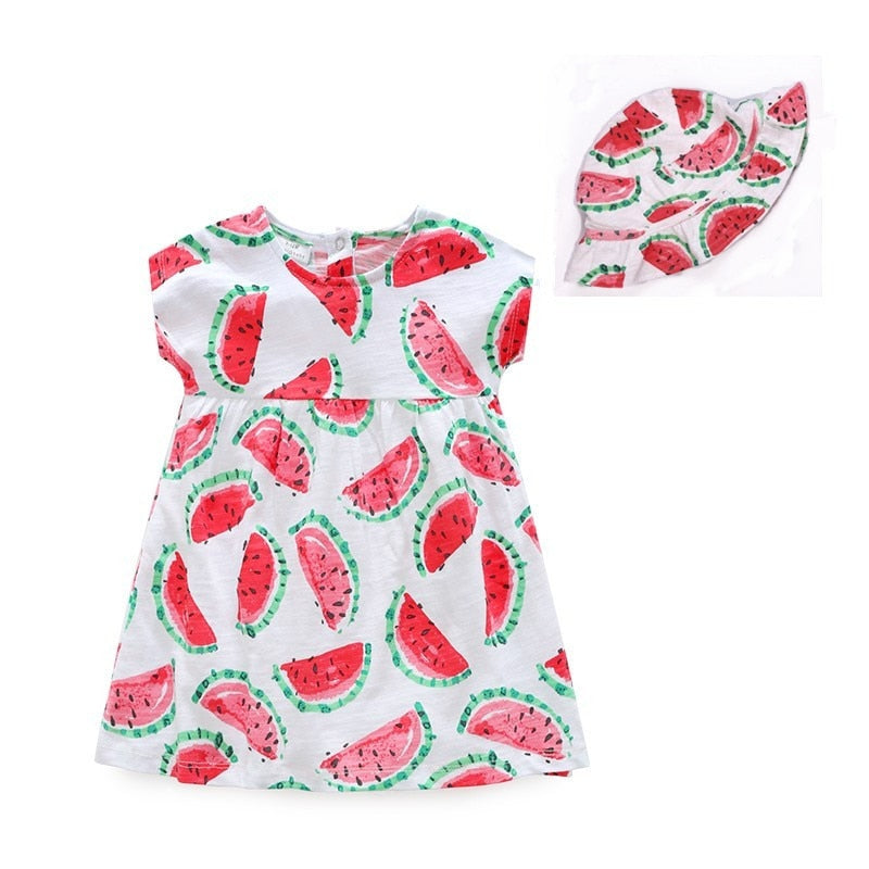 Summer Kids Clothing Children Dress Cartoon Watermelon Dress Infant Short Sleeve Dress with Hat Outing Baby Girl Clothes