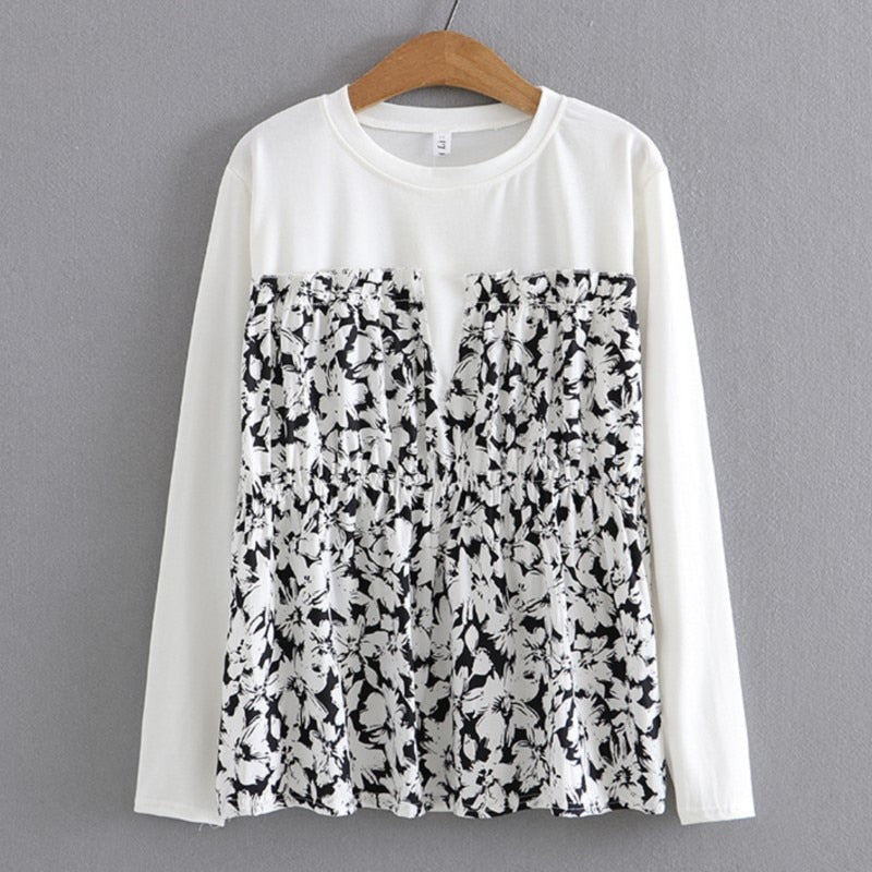 Long Sleeve T-Shirt Women Clothing Autumn New False Two Pieces Design Floral Tops