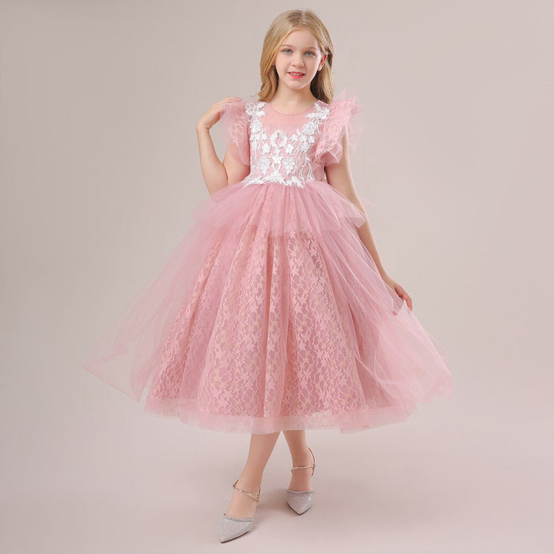 Girls Princess Bridesmaid Dress For Wedding Lace Flower Appliques Ball Gown Kids White Clothes Elegant Party Costumes