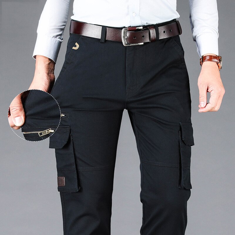 Winter Casual Pants For Men Business Straight Stretch Solid Loose Multiple Pockets Outdoor Male Trousers