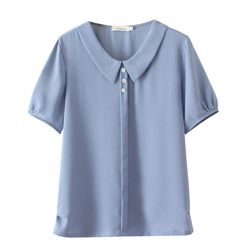 Shirt For Women Clothing Peter Pan Collar Ice Silk Puff Sleeve Curve  Tops Loose Blouses Summer