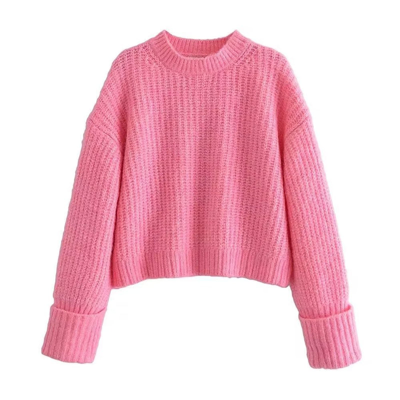 Pink O-neck Loose Knitwear Casual Sweaters Women