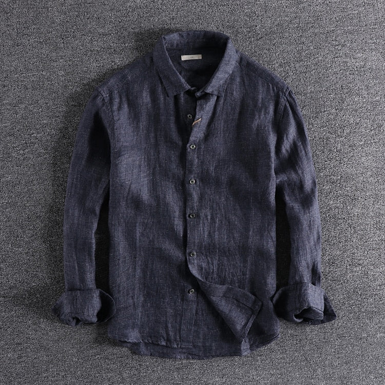 Men Linen Shirt Retro Distressed Long Sleeve Solid Dark Grey Gentlemen Loose