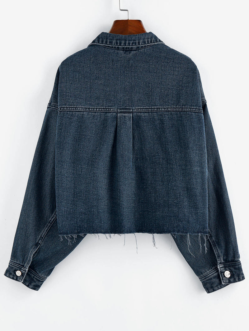 Drop Shoulder Frayed Hem Denim Jacket Women Wide Waisted Single Breasted Jean Coat Spring Autumn Casual Outwear