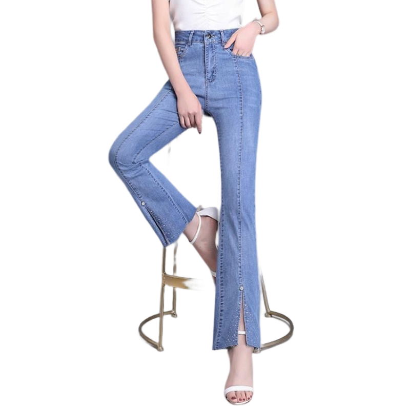 Women Summer New Front Slit Micro-Flare Jeans Are Tall And Thin Light Blue Wide-Leg Casual Pants