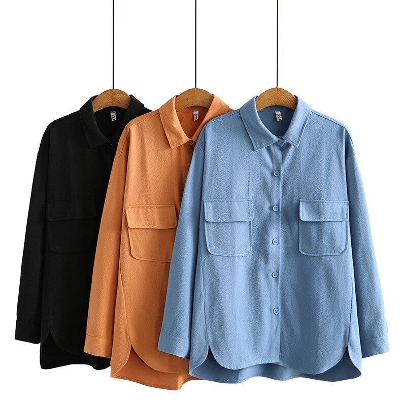 Long Shirt Women Clothing Cotton Two Pockets Fabric Blouses Casual Asymmetrical Length Tops Autumn