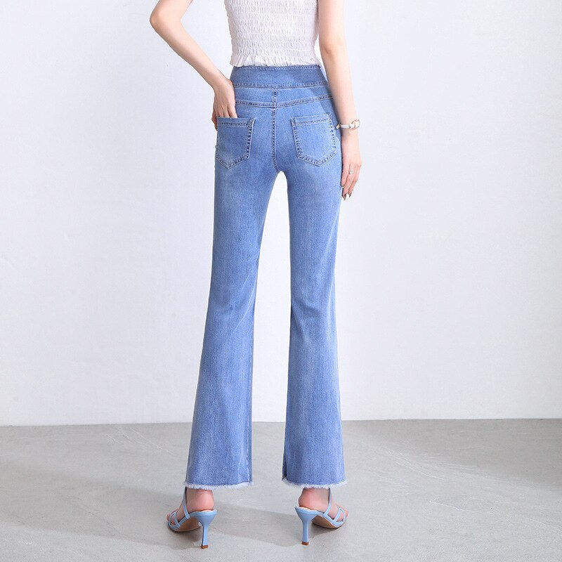 Womens Summer Front Slit Micro-Flare Ankle-Length Jeans High-Waisted High-End Pendant Straight Casual