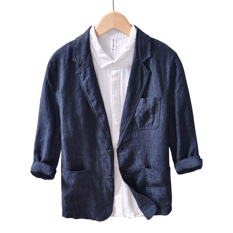 Mens Breathable Linen Coat Business Casual Thin Suits Premium Quality Multi-Pocket Simple Basic White Tops