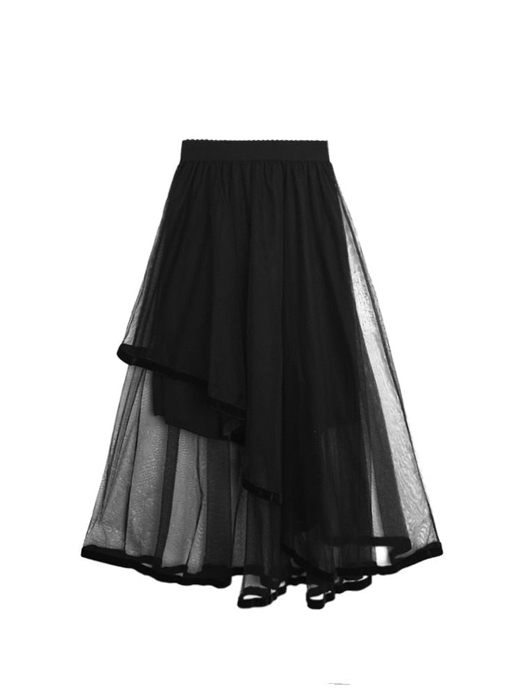 Autumn Women Tulle Skirt Black Vintage Casual Elegant High Waist Mesh Pleated Midi Skirts Female Loose Long Skirts