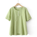 Women Clothing Cotton Jacquard Embroidery Button Tops Loose And Casual Curve Tee Summer