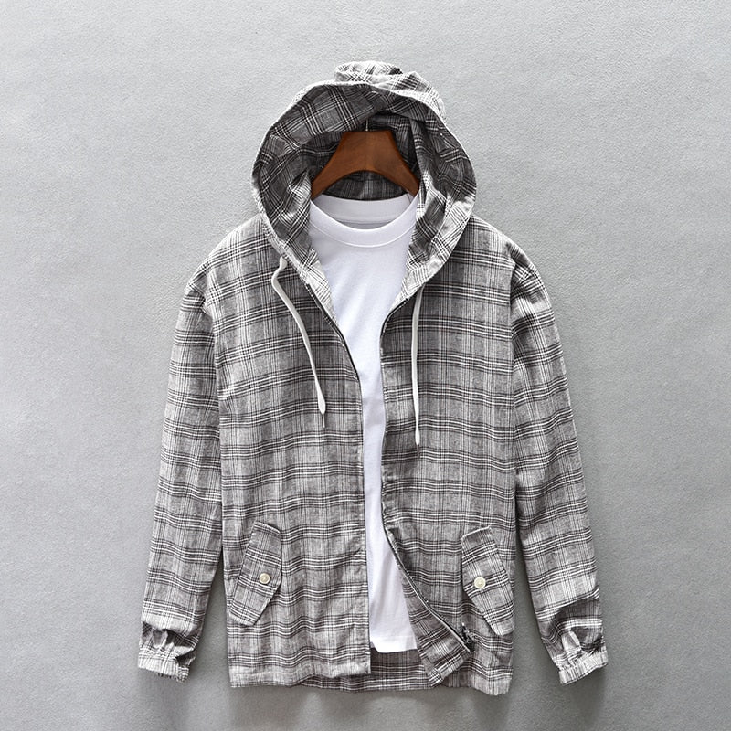 Men with Nood Jackets Long Sleeve Gray Plaid Jacket Autumn Cotton Hooded Shirt Outerwear Coats