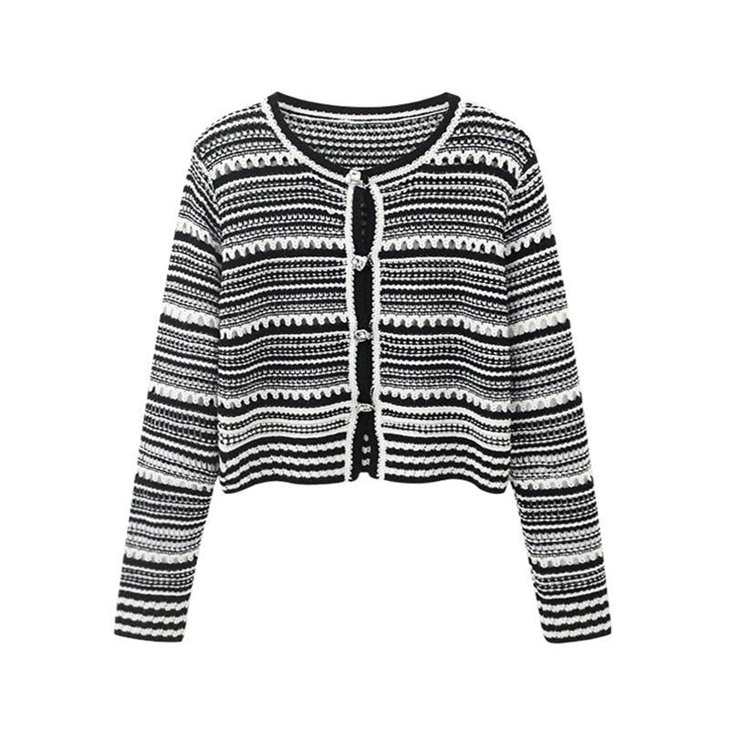 Sweater Cardigan White Black Striped Knitted Sweater Women Short Cardigan Long Sleeve Cardigan Female