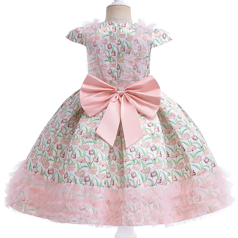 Flower Vintage Bow Girls Dress Kids Clothing Prom Tutu Party Elegant Wear Child Princess Evening Birthday Bridesmaid