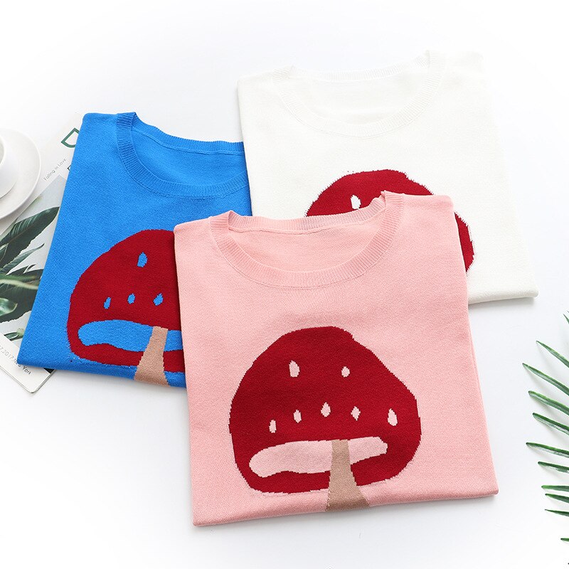 Women Clothing Dobby Ice Silk Tops Casual Mushroom Knitting Tees