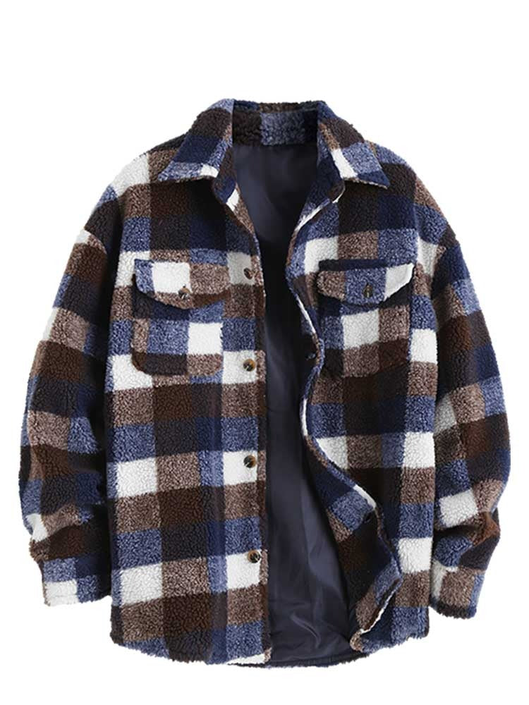 Jacket for Men Plaid Fluffy Fleece Shirt Jacket with Pocket Button-up Faux Fur Sherpa Fall Winter Streetwear Topcoats