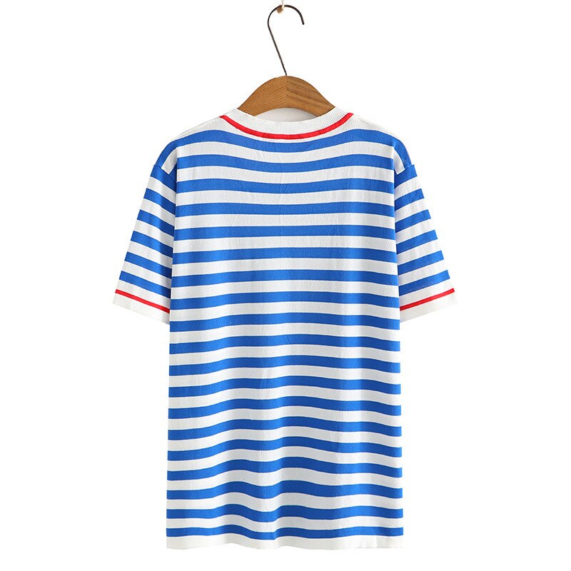 Women Clothing Ice Silk Knitting Tops Casual Stripe Embroidery Tees