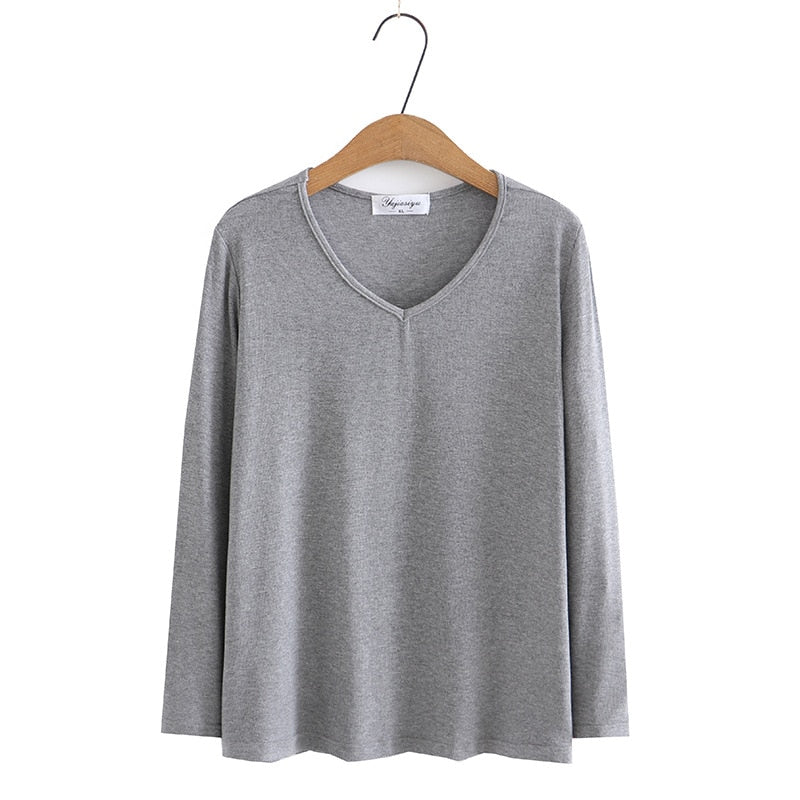 Long Sleeve T-shirt Women Clothing Solid Color V-Neck Bottoming Tops Autumn Loose Casual Basics Tees