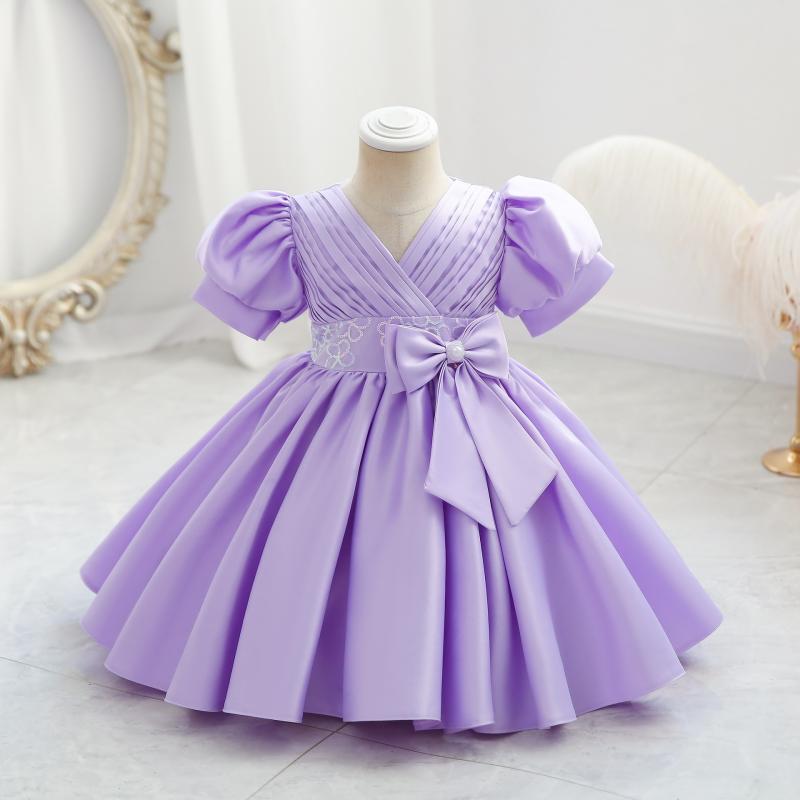 Kids Flower Girl Dress for Weddings Infant Bowknot Ruched Ball Gowns Baby Girls 1st Birthday Ceremonial Pageant Party