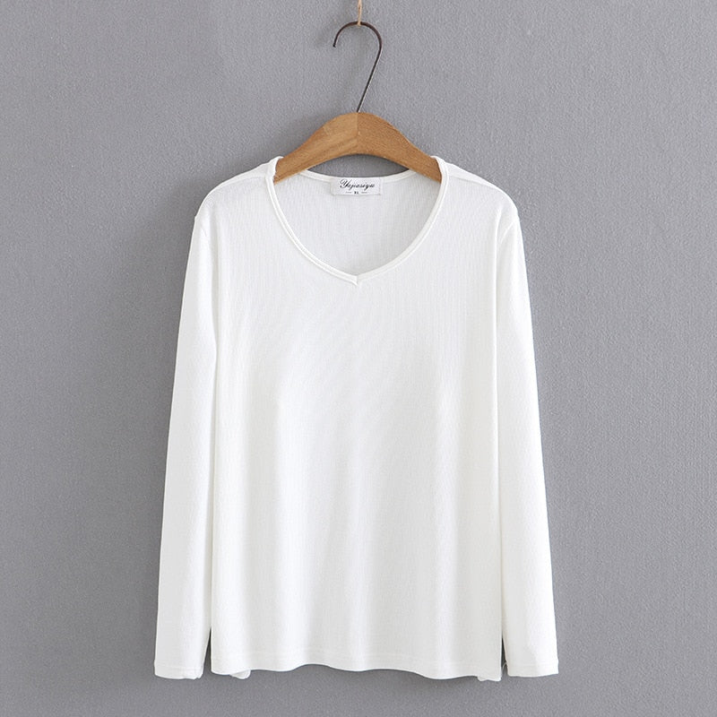 Long Sleeve T-shirt Women Clothing Solid Color V-Neck Bottoming Tops Autumn Loose Casual Basics Tees